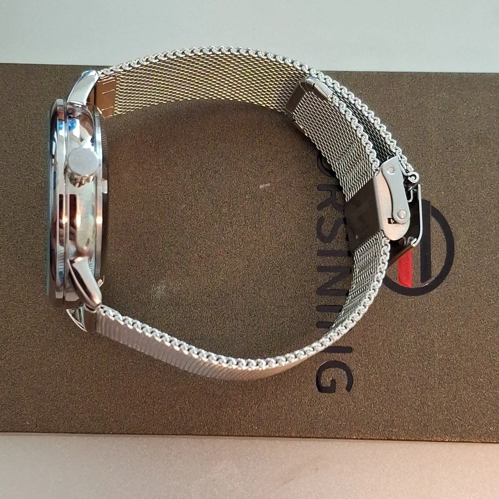 NIB Forsining T-Winner Silvertone Mens Watch.Hand Wind Mechanical ,Mesh Band.